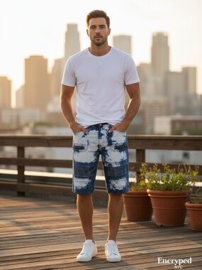 Encrypted Tie-Dye Indigo Denim Shorts Men's 42